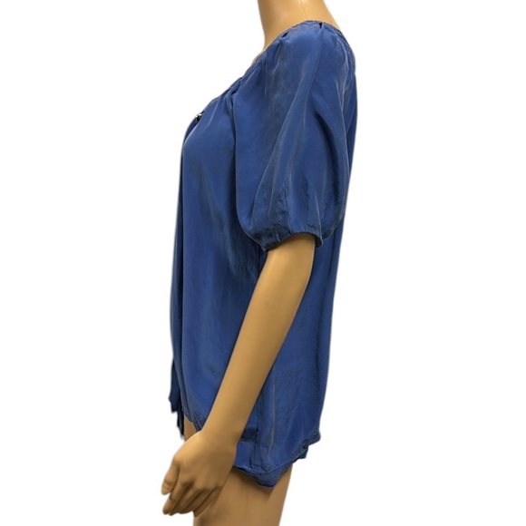 Silk Cynthia Steffe Luxury Blue Short Puff Sleeve Blouse Laced Tie Neck size XS - Picture 4 of 11